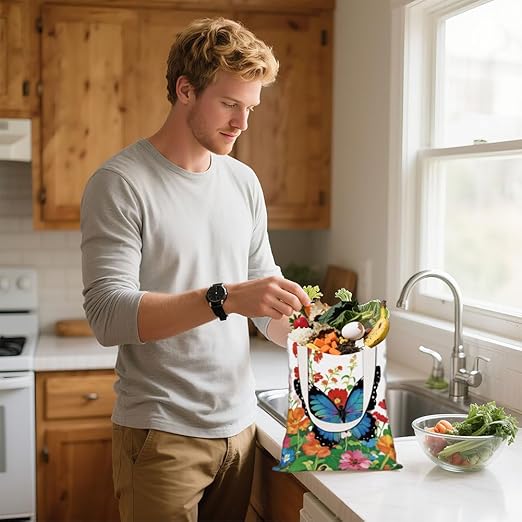 Butterfly Flower Field Print Car Trash Bag Portable Hanging Garbage Bag with Snap Buttons Back Seat Rubbish Storage Dustbin for Women Man Car Interior Accessories Kitchen Home Travel