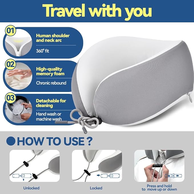 Letumalos Memory Foam Neck Pillow for Travel Adjustable Airplane Pillow 100 Percent Memory Foam Ergonomic Support for Sleeping on Flights Cars Office Home Use for Adults Men Women