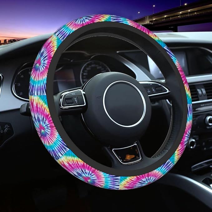 Swono Tie Dye Car Steering Wheel Cover Universal 15 Inch with Grip Contours Spiral Tie Dye Pattern Background Neoprene Auto for Men and Women Non-Slip Breathable Soft