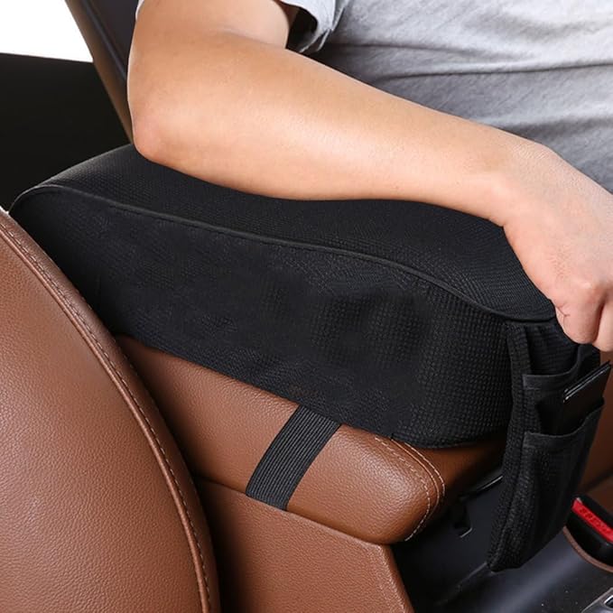 SPANICE Auto Center Console Armrest Pillow Pad, Car Armrest Cushion Soft Memory Foam with Phone Holder Storage, Pockets Bag Seat Cushion Universal Fit for Most Car (Black)