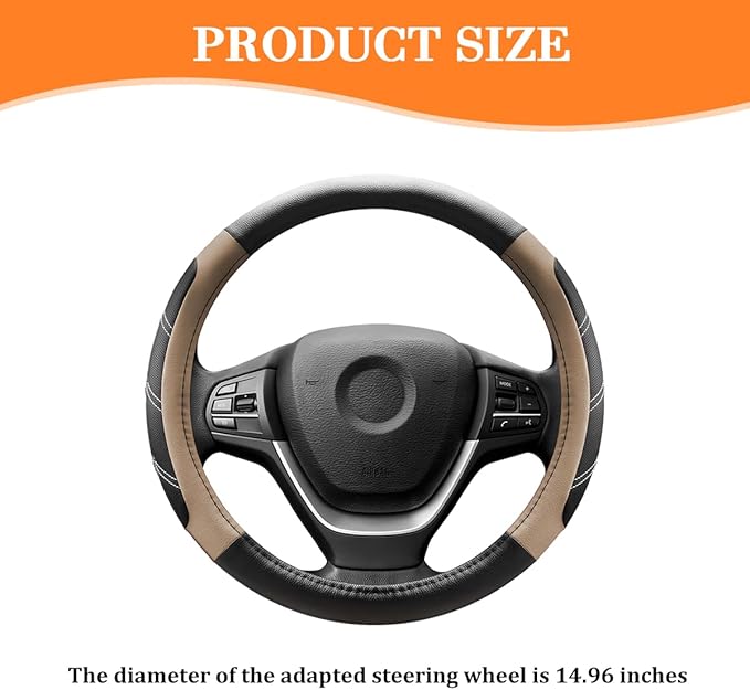 Car Steering Wheel Cover, 14.5-15" Non-Slip Leather Sporty Vehicle Steering Wheel Protector, Breathable Auto Interior Decoration Accessories, Universal for Van Truck Sedan (Black/Beige)