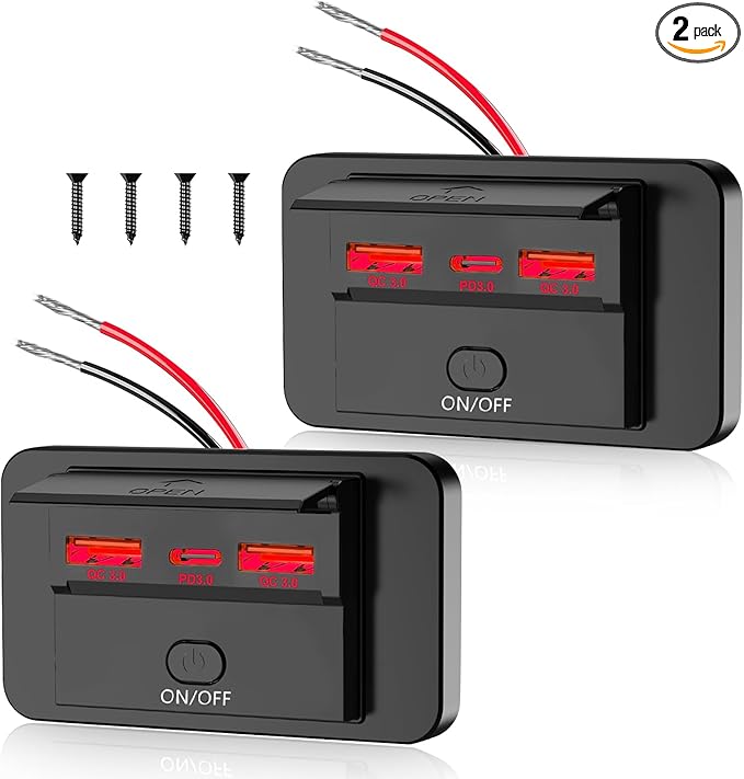 2PCS 3 Ports 12V RV USB Outlet 72W, Dual QC3.0 36W & PD3.0 Type-C Quick Charge 36W Panel Wall Mount, Automotive Car Socket Charger Adapter for Marine Boat Bus ATV Motorcycle Truck