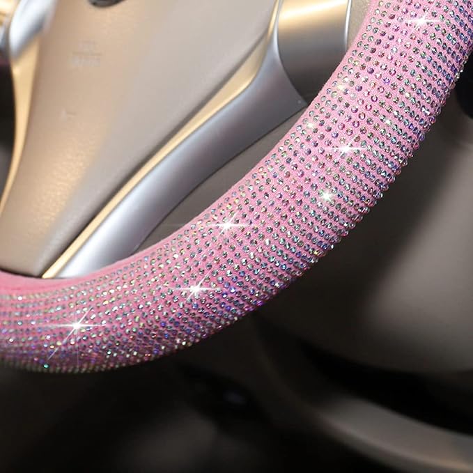 Pink Bling Steering Wheel Cover for Women Sparkly Rhinestone Bedazzled Car Accessories Diamond Cute