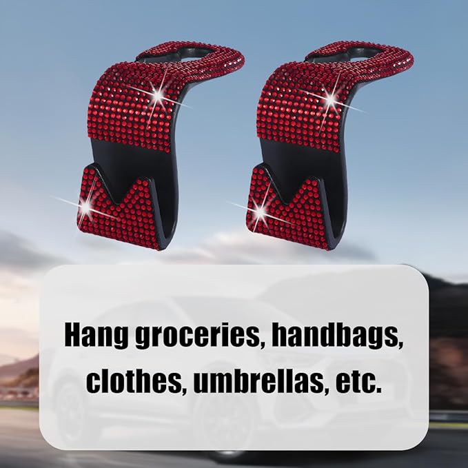 Bling Car Seat Headrest Hooks, 2PCS Crystal Rhinestone Vehicle Backseat Purse Holder for Handbags Coats Umbrellas, Diamond Auto Back Seat Storage Organizer Hanger, Universal Fit (Red)