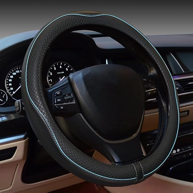 Car Steering Wheel Cover,Anti-Slip, Safety, Soft, Breathable,Heavy Duty, Thick,Full Surround,Sports Style (Black with Light Blue Line)