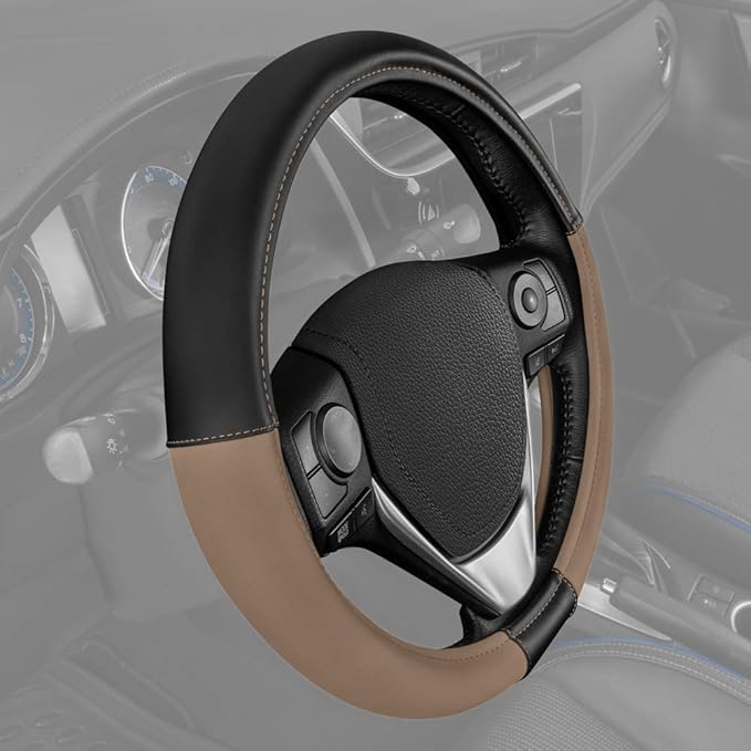 Caterpillar Two Tone Ergonomic Soft Leather Grip Steering Wheel Cover – Strong, Durable and Comfortable Universal Size 14.5-15.5 Inch (Beige/Black) (CASW-2221-BG) (Pack of 2)