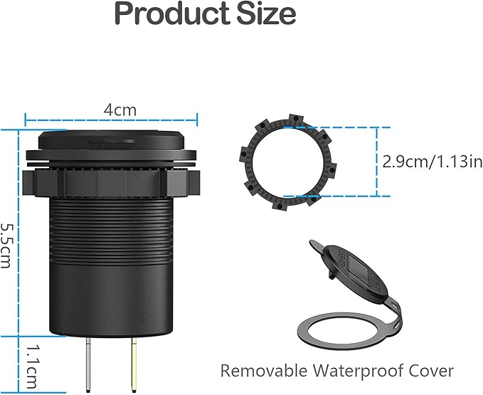 MOTONG Waterproof 12V QC3.0 Power Outlet Charger, QC3.0 USB A & PD Type C Car Socket Charger Power Socket Port for Car Marine Boat RV Truck