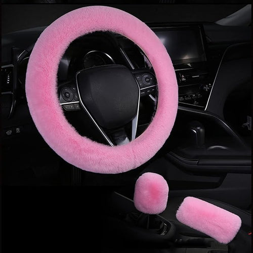 1 Set 6 Pcs Fluffy Car Steering Wheel Cover & Seat Belt Shoulder Pads & Handbrake Cover & Gear Shift Cover Set & Seat Belt Shoulder Pads Faux Wool Universal Fit Car Interior Accessories (Pink)