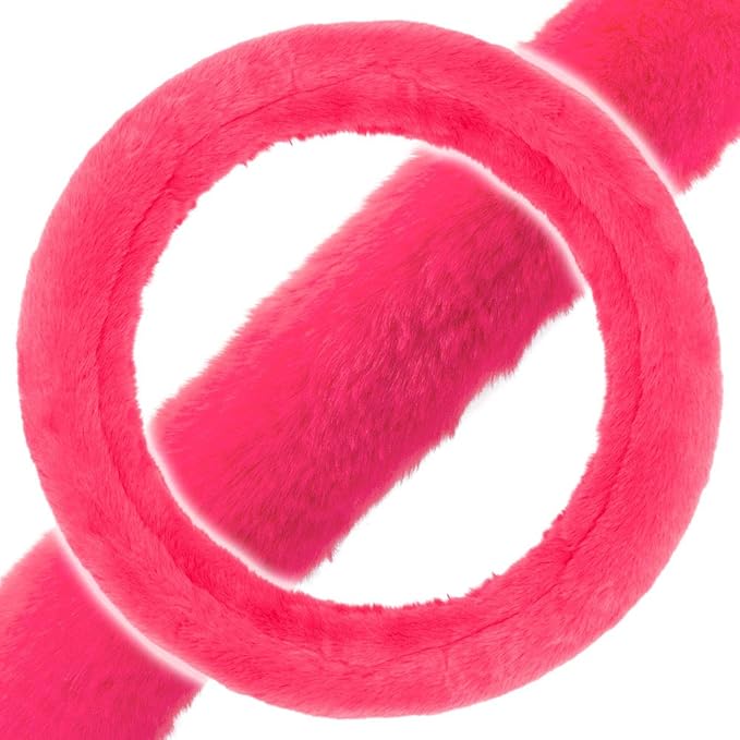 Carbella Faux Fur Steering Wheel Cover for Women – Wool Sheepskin Fluffy Fleece Warm and Cozy Comfort for Hands in Winter, Fits Most Steering Wheel Sizes 14.5 - 15 inch, Hot Pink