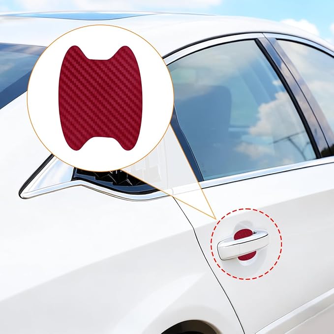Car Door Handle Cup Scratch Protector, 4PCS 3D Carbon Fiber Vehicle Handle Bowl Sticker, Automotive Exterior Door Cup Protection Decal, Universal for SUV Caravan Automobile (Wine Red)