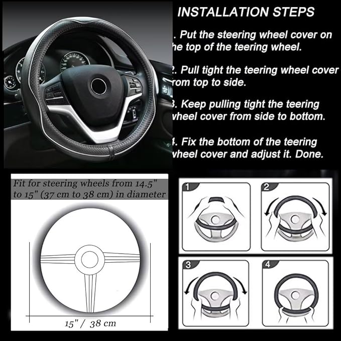 Rueesh Microfiber Leather Steering Wheel Cover Anti-Slip Matte Finish Auto Car Wheel Cover Universal 15 Inch Wheel Cover for Car Embossing Pattern (M (14.5"-15" Diameter), White Line)