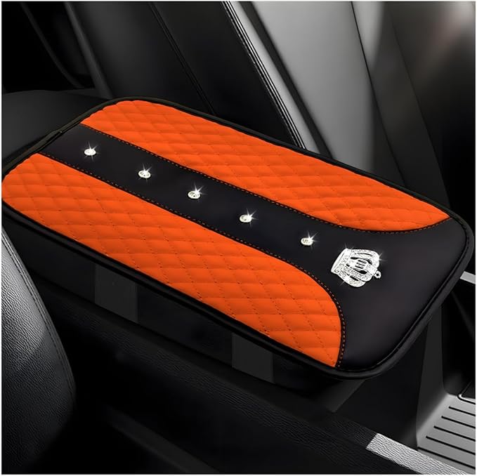 Bling Crown Car Center Console Mats, Anti-Slip and Waterproof Crystal Car Armrest Pad Protector, Universal Rustproof Armrest Decor Cushion for Cars & SUVs, Car Accessories (Orange)