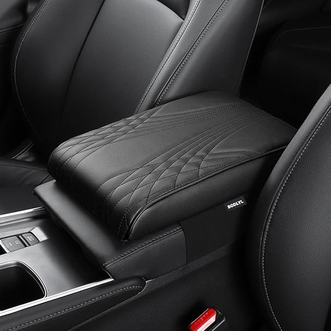 BODLYL Car Center Console Cover, Memory Foam Car Armrest Cover, Black Arm Rest Covering Car, Middle Organizer Elbow Pillow, Leather armrest Cover for Car/SUV/Truck/Auto (No.2 Black)