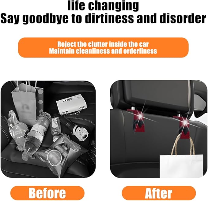 Bling Car Seat Headrest Hooks, 2PCS Crystal Rhinestone Vehicle Backseat Purse Holder for Handbags Coats Umbrellas, Diamond Auto Back Seat Storage Organizer Hanger, Universal Fit (Red)