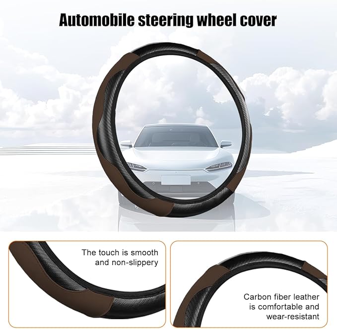 Carbon Fiber Car Steering Wheel Cover, 14.5-15 Inch Elastic Stretch Steering Wheel Guard, Sports Style Non-Slip Automotive Interior Accessories, Universal for Vehicles (Black/Coffee)