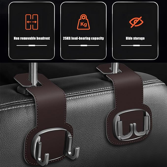 Car Headrest Hooks, 2PCS Foldable Double Vehicle Back Seat Organizer Hanging Holder for Purse Coat Umbrella, Automotive Interior Seatback Storage Hanger Accessories, Universal Fit (Brown)