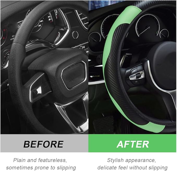 Car Steering Wheel Cover, 15 Inch Carbon Fiber Leather Stitching Color Steering Wheel Protector, Anti-Slip Elastic Breathable Steering Wheel Cover Stylish Decor for Most Cars (Green)