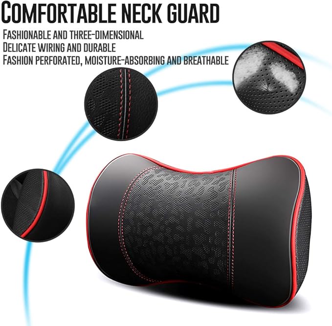 HAOTULE Car Leather Neck Pillows, Neck Rest Cushions,100% Memory Foam Cervical Support, Comfortable Travel car Seats and Home Office Soft Pillows, Red a Set (2 pcs)