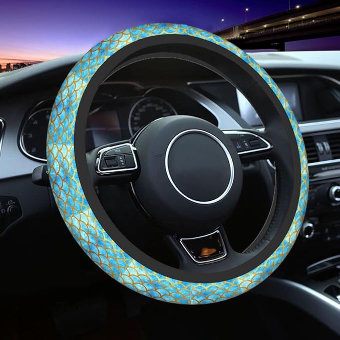 Swono Automotive Steering Wheel Covers Mermaid Scales Watercolor Blue and Gold Fish Scales Neoprene Car Wrap Cover Stretch-On Fabric Breathable Universal 15 Inch for Women Men