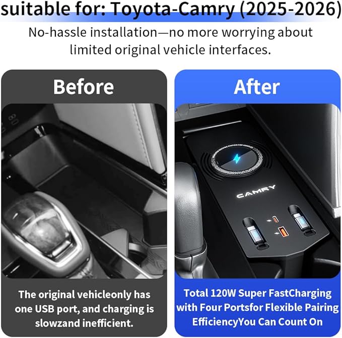 Car USB Hub Docking Station for Toyota Camry 2025 2026 Type-C Fast Charger Auto Interior Centre Console Accessories Cigarette Lighter Decoration Phone Wireless Charging Adapter