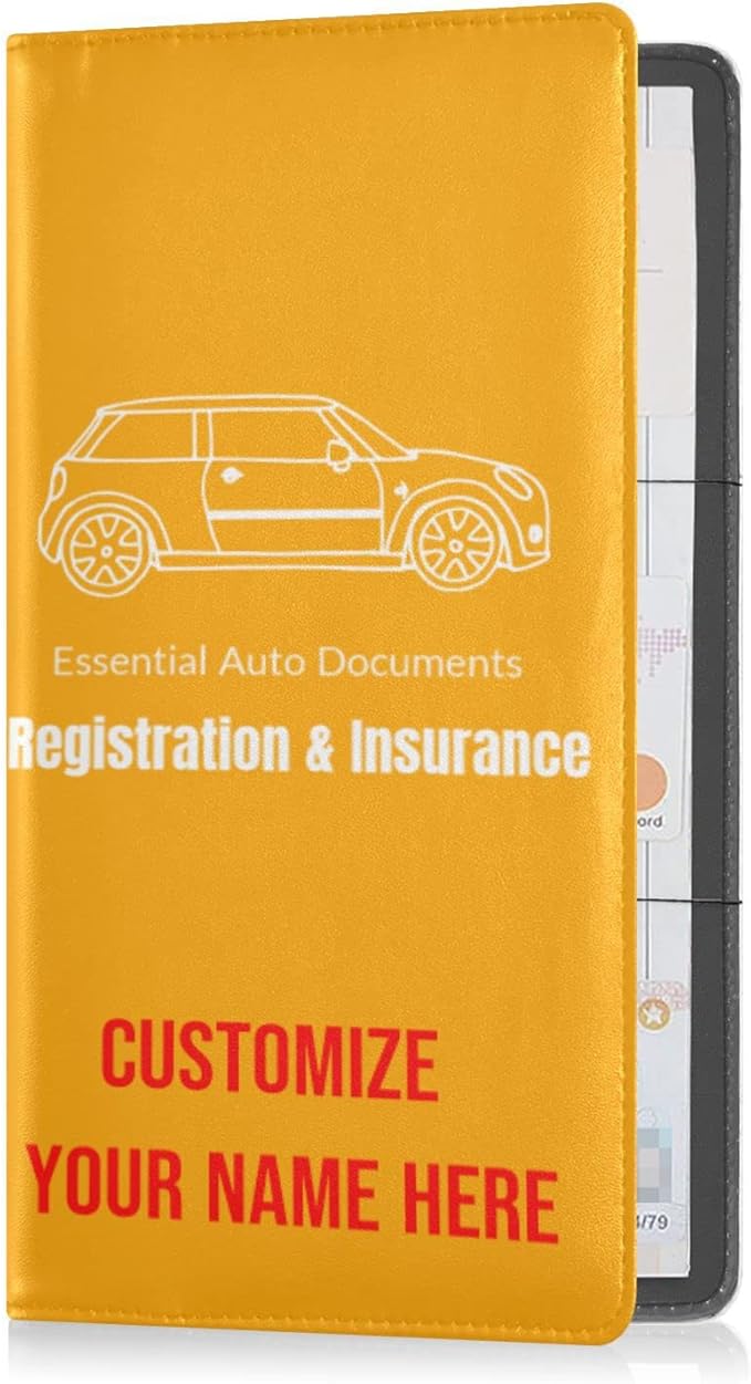 Custom Car Registration and Insurance Card Holder Personalized Leather Glove Box Organize Men Women Wallet Accessories Case for Cards, Essential Document Driver License Yellow Orange