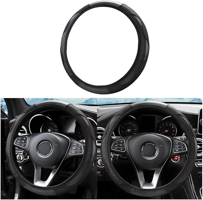 Car Steering Wheel Cover, Universal Microfiber PU Leather Elastic 15 inch Stitching Color Anti-Slip Steering Wheel Protector, Car Interior Protection Accessories for Men Women (Black)