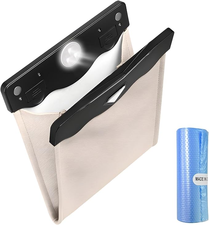 Car Hanging Trash Can, Magnetic Closure LED Light Auto Trash Bag Storage Pocket, Collapsible Waterproof Leather Hanging Trash Can with Disposable Trash Bag, Car Accessories (Beige)