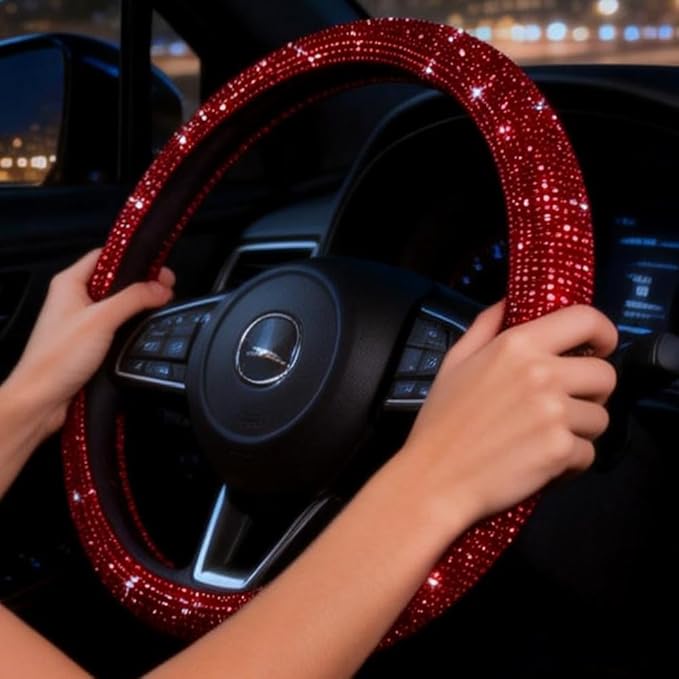 Car Bling Steering Wheel Cover for Women Girls Burgundy 15 Inch Universal Red Crystal Rhinestone Diamonds Bling Bling Accessories Anti-Slip Wheel Protector
