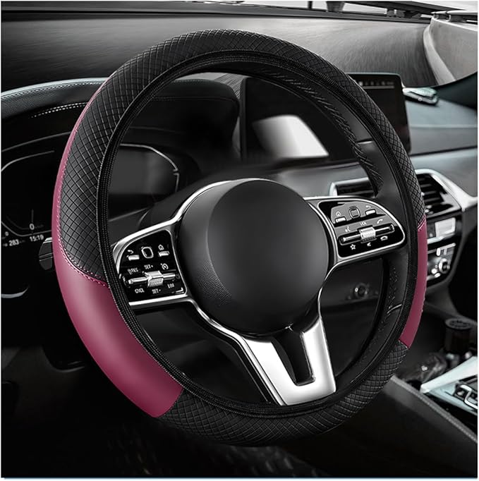 Car Steering Wheel Cover, 15 Inch Carbon Fiber Elastic Vehicle Steering Wheel Protector, Breathable Leather Auto Wheel Covers for Women Men, Interior Car Accessories (Wine Red, AD)