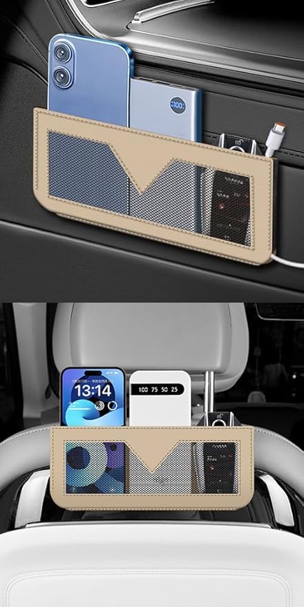 Berfi Life Car Seat Side Pocket Organizer, Car PU Leather Mesh Storage Bag Pouch, Vehicle Seat Gap Filler for Keys, Phone, Sunglasses, Registration, and Documents