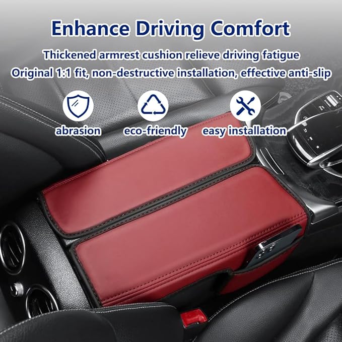 Center Console Cover Compatible with Benz C Class W205 C200 C250 C300 2015-2021 GLC 2016-2022 Class EQC 2019-2024,Armrest Cover Pad Leather Cushion Protector with Black Storage Pocket