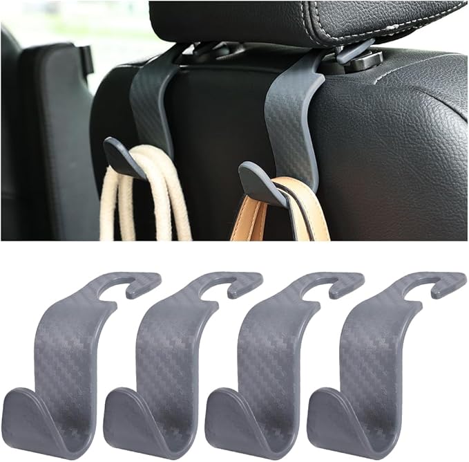 Car Back Seat Headrest Hooks, 4PCS Vehicle Backseat Storage Organizer Hanger, Multifunctional Auto Headrest Hidden Hook Universal for Handbag Purse Backpacks Bags(Carbon Fiber Grey)