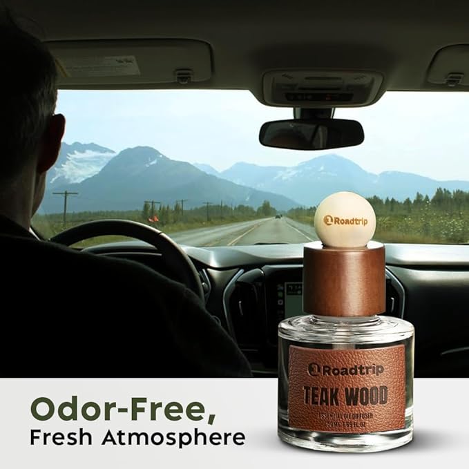1Roadtrip Car Air Freshener - Long Lasting Aromatherapy Essential Oil Diffuser - Car Cup Holder Accessories for Men & Women - Non Toxic Air Freshener - Teakwood Scent Diffuser 1.69 FL OZ/50ML