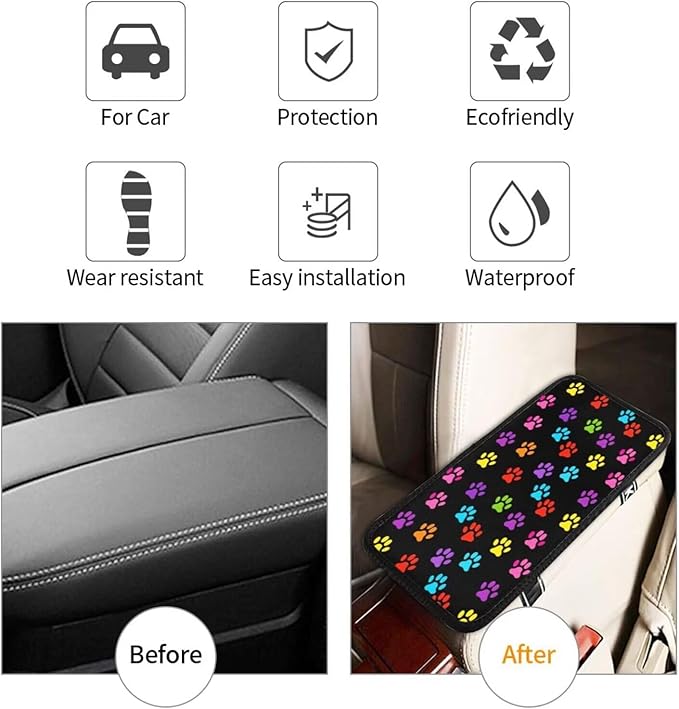 Dog Paw 2 Pcs Car Front Seat Armrest Covers Colorful Paws Cloth Arm Rest Protectors Padding Center Console Lid Black Arm Rest Cover Universal Accessories for SUV Truck Van