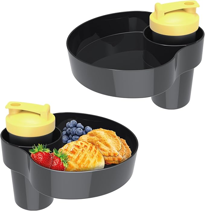 2PCS Car Seat Snack Tray for Kids: Kids Car Tray with Cup Holder, Toddlers Road Trip Essential, Travel Snacks Food Plate Cup Holder (2pcs Black)