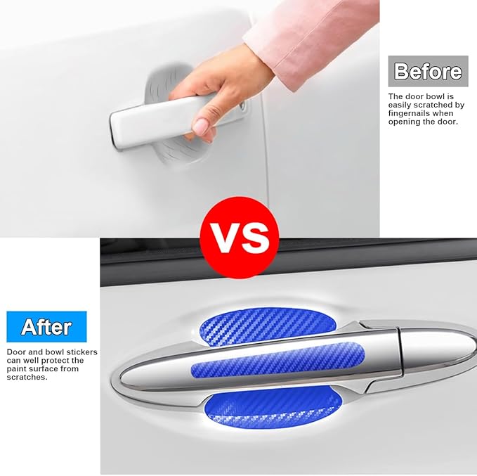 Carbon Fiber Car Door Handle Cup Scratch Protectors, Vehicle Door Handle Bowl Sticker, Automotive Paint Guard Protective Film Cover Accessories, Universal for SUV Sedan Truck (Blue)