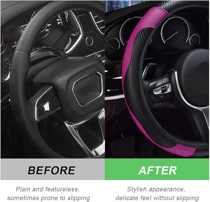 Car Steering Wheel Cover, 15 Inch Carbon Fiber Leather Stitching Color Steering Wheel Protector, Anti-Slip Elastic Breathable Steering Wheel Cover Stylish Decor for Most Cars (Black&Purple)