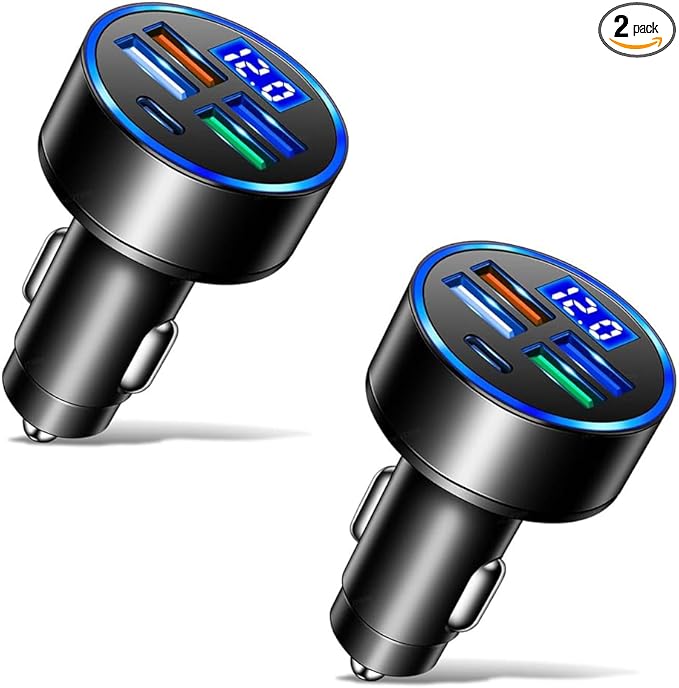 5 Port USB Car Charger(4USB+Type C) Compact Fast Charger Cigarette Lighter Adapter with LED&Voltage Monitor, Compatible with iPhone 14/Pro MacBook, iPad Pro/Air, Galaxy All Smart Phone (2Pcs)