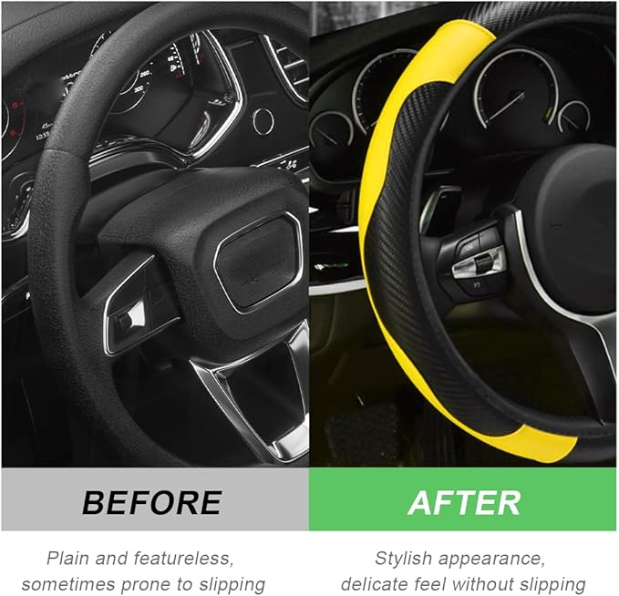 Car Steering Wheel Cover, 15 Inch Carbon Fiber Leather Stitching Color Steering Wheel Protector, Anti-Slip Elastic Breathable Steering Wheel Cover Stylish Decor for Most Cars (Yellow)