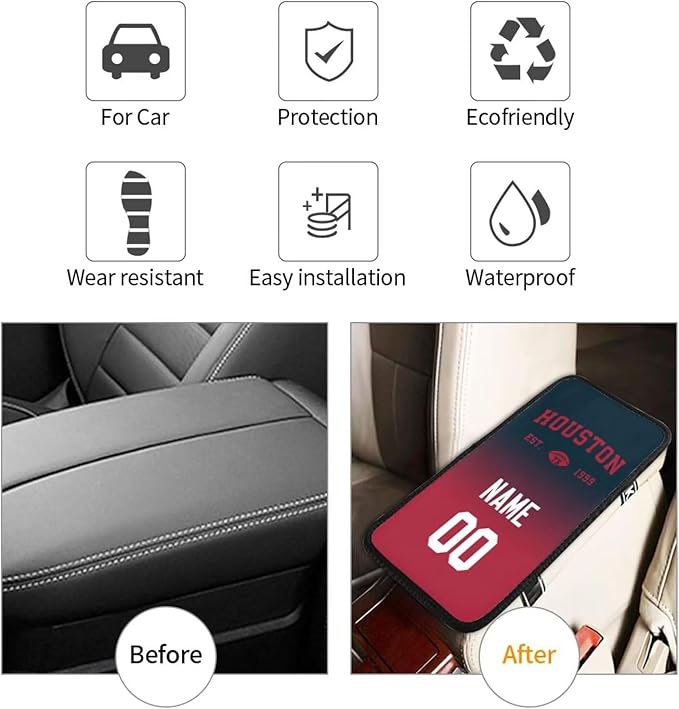 Custom Car Armrest Cover,Add Personalized Name and Number As Gifts for Loyal Football Fans,Auto Center Console Pad Car handrail Box Cushion,Fit for Most Car