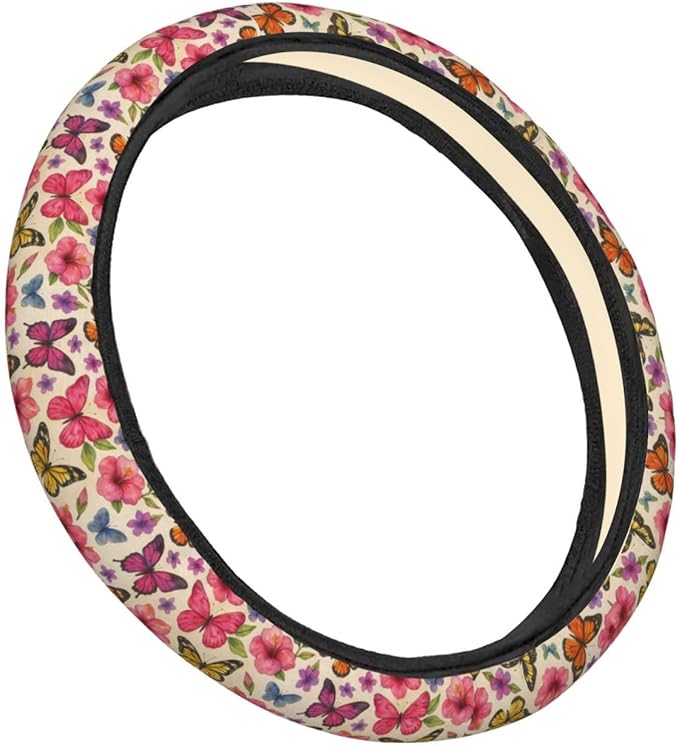FeHuew Watercolor Butterfly Floral Steering Wheel Cover for Women, Girls 15 inch Universal Auto Car Anti Slip Wrap Steering Wheel Covers Fit for Vehicles, Truck, SUV