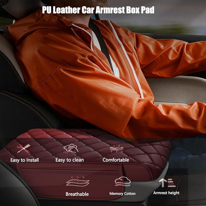 Universal Memory Cotton Car Armrest Box Pad, 2026 New Leather Car Armrest Box Pad with 2 Storage Bags, Auto Armrest Seat Box Cover, Center Console Cover Cushion for SUV, Car, Truck (Black)