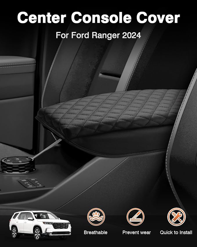 Shademax Center Console Cover for Ford Ranger 2024 2025 2026 Accessories, Ranger Armrest Cover Cushion Pad Leather Middle Console Cover Armrest Seat Box Protector for Ranger XL XLT Lariat Raptor