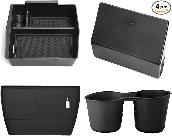 Upgraded Center Console Organizer for Subaru Forester Accessories 2025 2026, Armrest Storage Box + Silicone Cup Holder + Hidden Box + Wireless Charging Protective Pad With Non-Slip Mat 4Pcs Set, Black