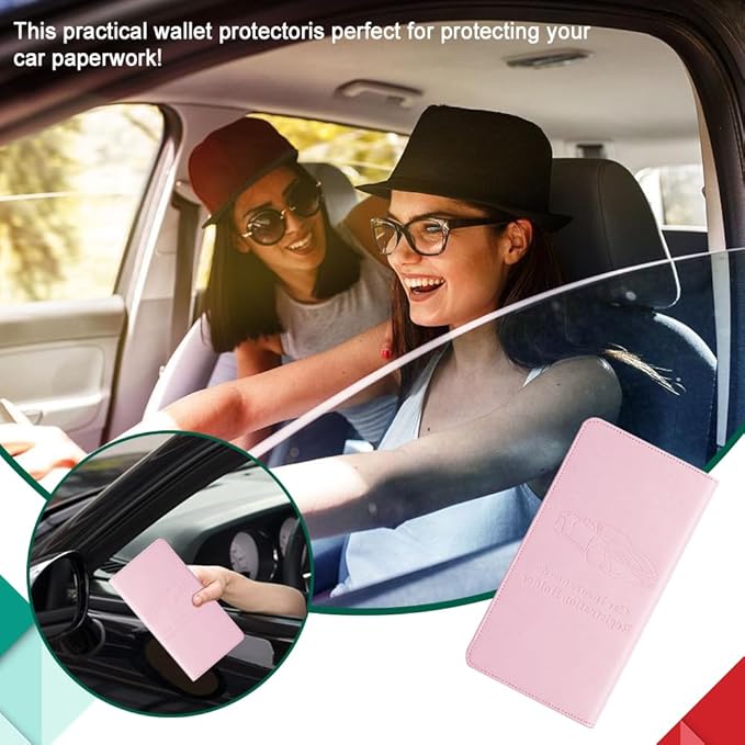 Vehicle Glove Box Car Organizer, Car Registration and Insurance Holder, Insurance Card Holder for Cars, Leather Card Holder Interior Auto Accessories for Women (Pink/Large)