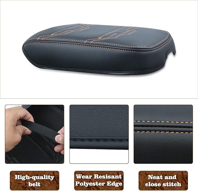 Muslogy for Frontier Center Console Pad Armrest Box Cover Vegan Leather Soft Accessories Armrest Lid Protector Compatible with Nissan Frontier 2022-2025 2026(Regular Thick, V2 Orange Stitching)