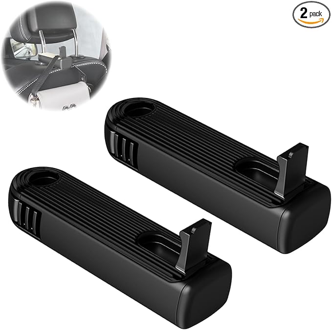 Car Headrest Hidden Hook, New Upgraded 2 in 1 Car Seat Hook with Phone Holder, 360° Rotation Car Hooks for Purses and Bags, Grocery Bag & Handbag (Black - 2PCS)