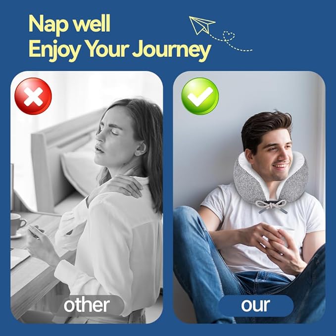 Letumalos Memory Foam Neck Pillow for Travel Adjustable Airplane Pillow 100 Percent Memory Foam Ergonomic Support for Sleeping on Flights Cars Office Home Use for Adults Men Women