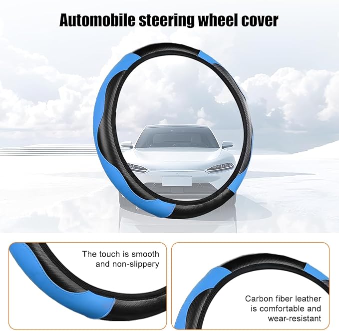 Carbon Fiber Car Steering Wheel Cover, 14.5-15 Inch Elastic Stretch Steering Wheel Guard, Sports Style Non-Slip Automotive Interior Accessories, Universal for Vehicles (Black/Blue)