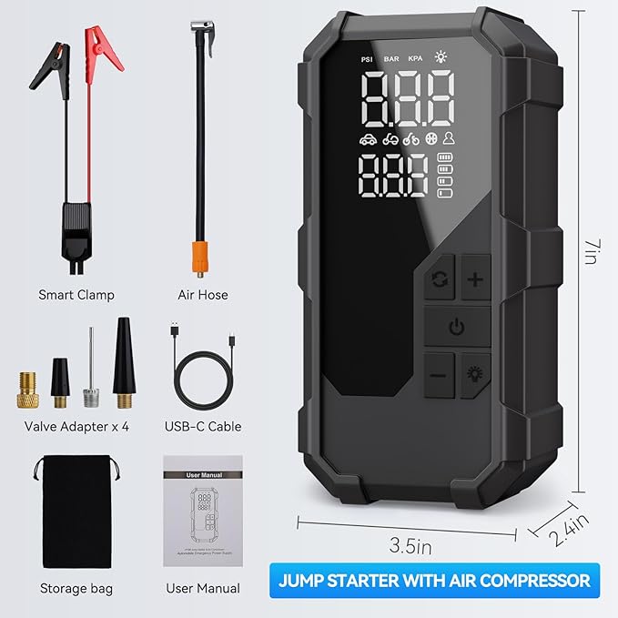 Jump Starter with Air Compressor, 3000A Portable Jump Starter Car Jump Box with 150PSI Tire Inflator (9.0L Gas/8.0L Diesel), 12V Emergency Battery Booster, LED Light, Gift for Man